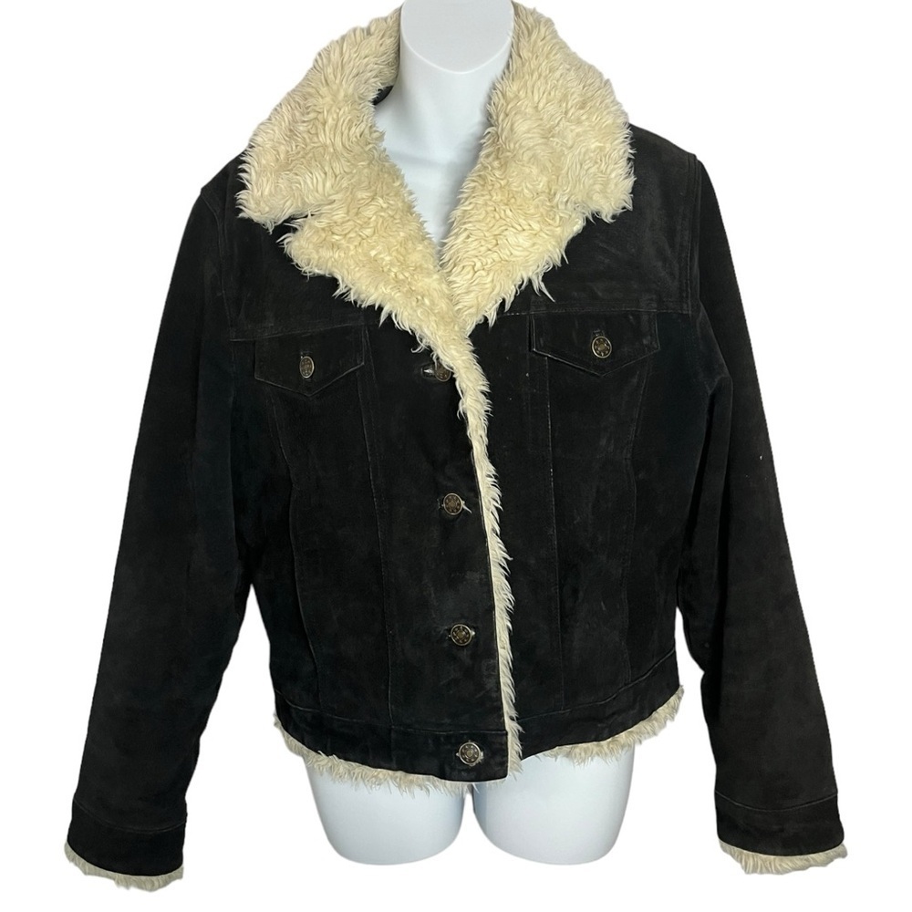 Vintage Black Suede Leather Fur Lined Trucker Jacket